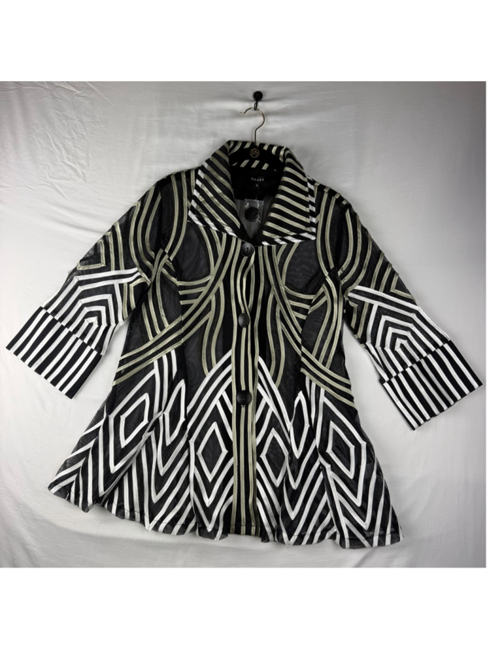 DAMEE Black Mesh Sheer Geometric Soutache Ribbon Duster Jacket Coat Small NWOT